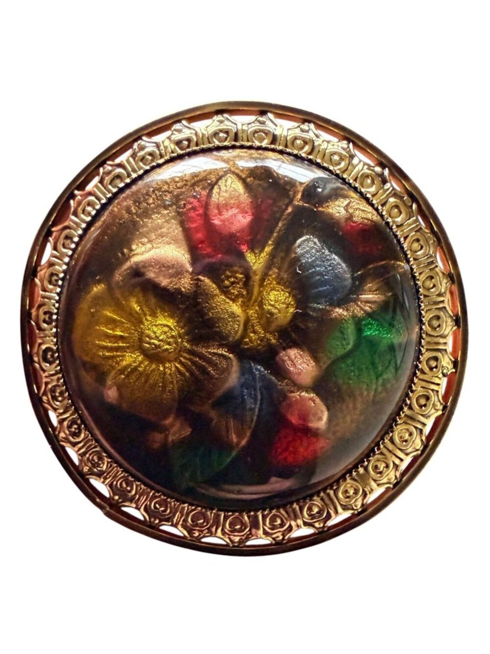 Vintage Reverse Carved Lucite Brooch Gold Tone Floral Pin 1950s New Old Stock
